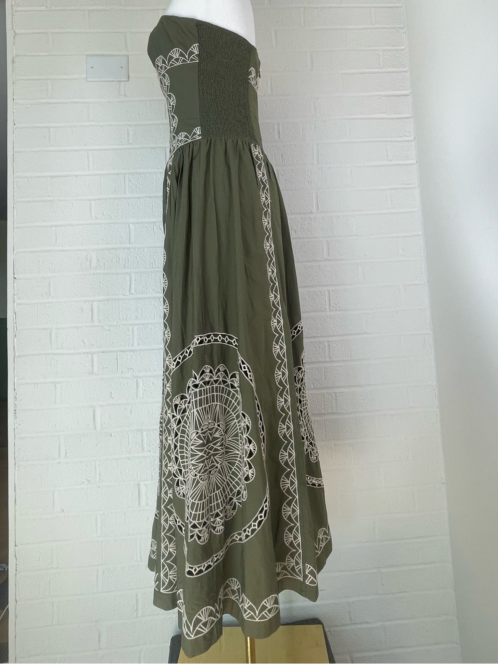 Anthropologie Strapless Olive Green Embroidered Cotton Midi Dress NWT Small - Picture 8 of 11